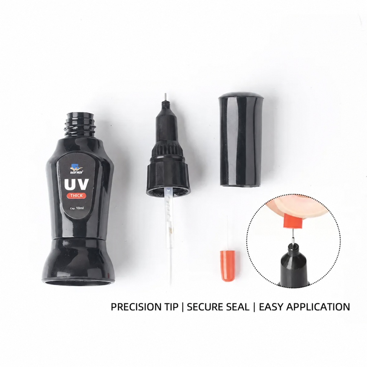 Precision tip and secure seal for UV resin