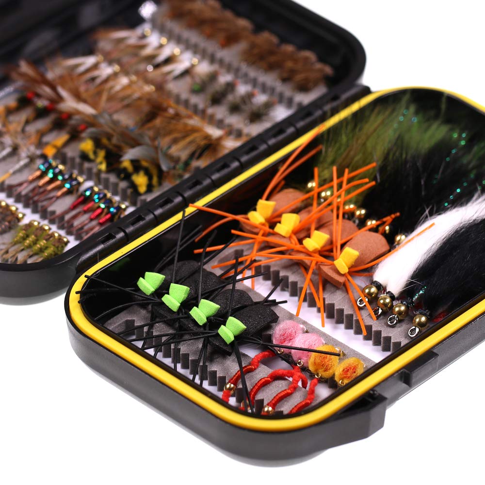 Wifreo Fly Fishing Flies Assortment with Waterproof Fly Box, 28/40/64/92/120pcs Dry/Wet/Nymph/Streamer Flies, Trout/Bass/Panfish/Salmon Fishing Flies