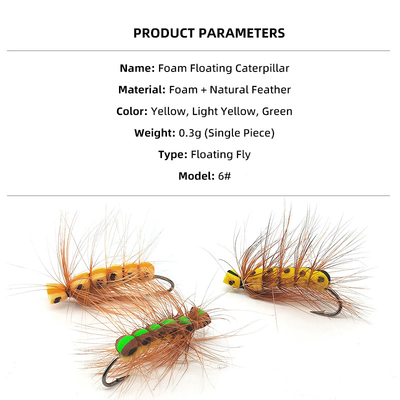 Bionic Artificial Dry Fly Lure Foam Floating Caterpillar Fly Hook for Fly Fishing Attracts Freshwater Fish Rivers Lakes
