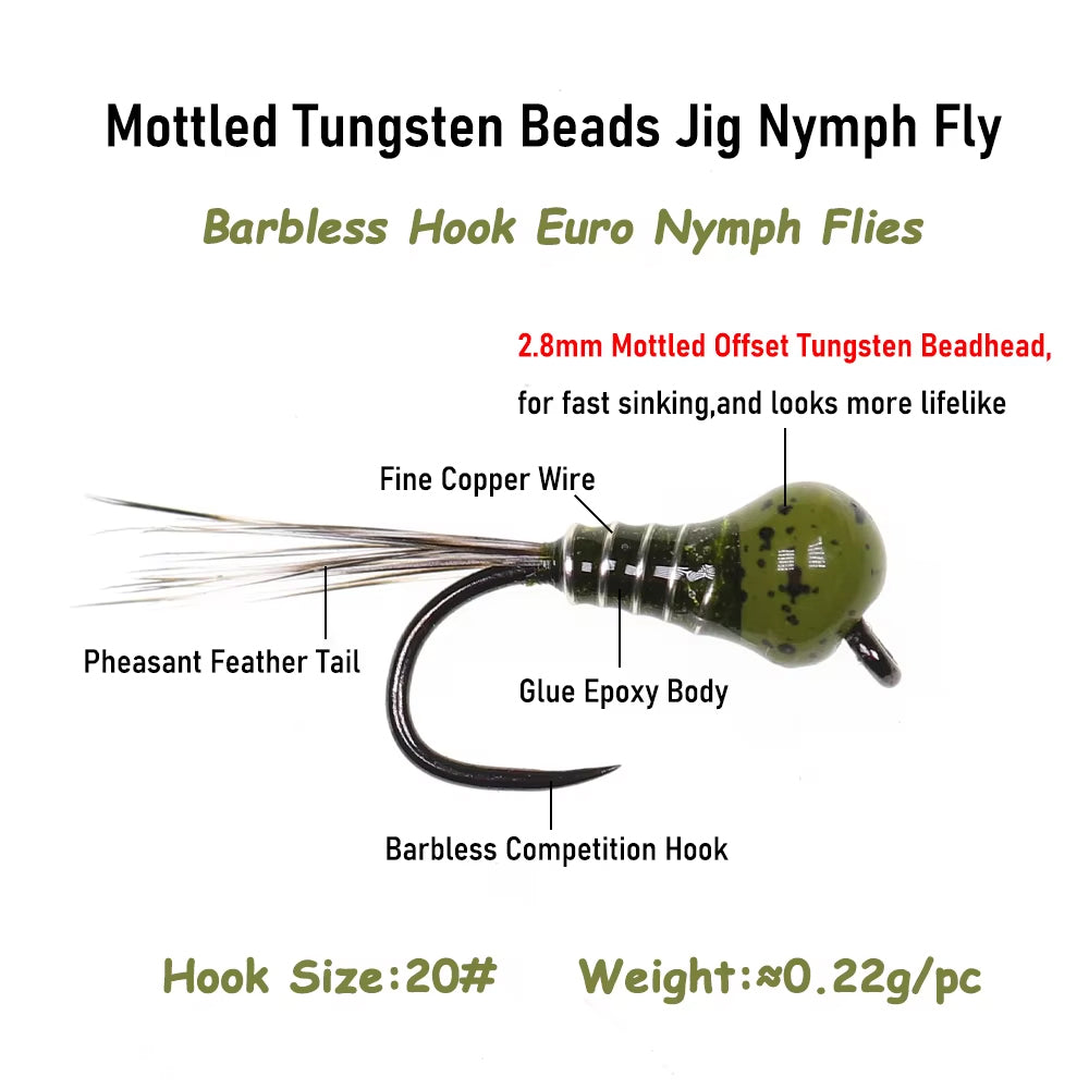 Mottled Offset Tungsten Bead Jig Nymph Fly Barb less Insect Lure Fast Sinking