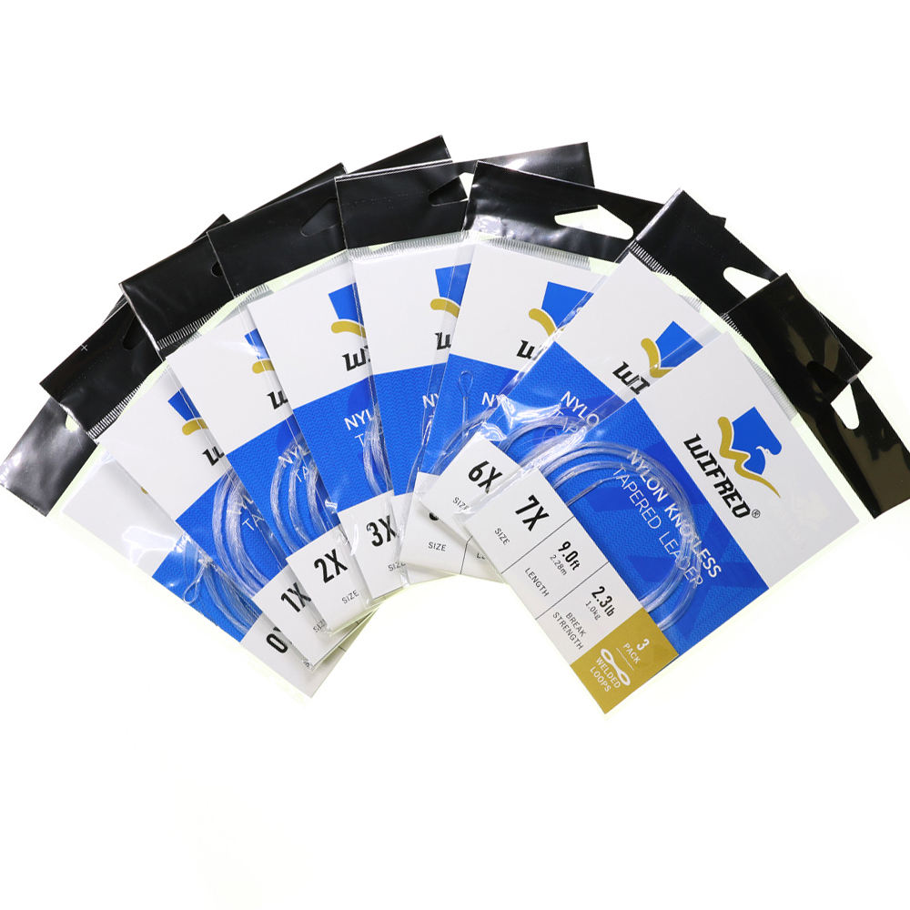 Three-pack clear tapered nylon fly fishing leaders in 0X–7X sizes
