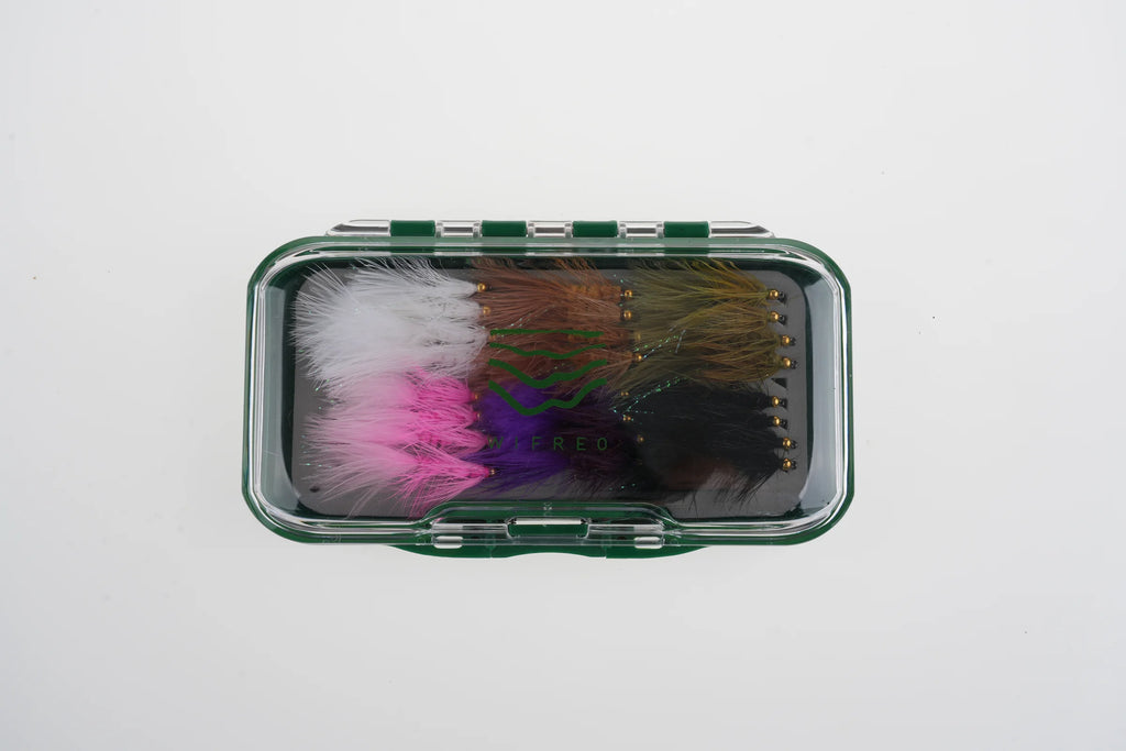 WIFREO 24-piece Woolly Bugger streamer fly set in a green fly box, closed overview