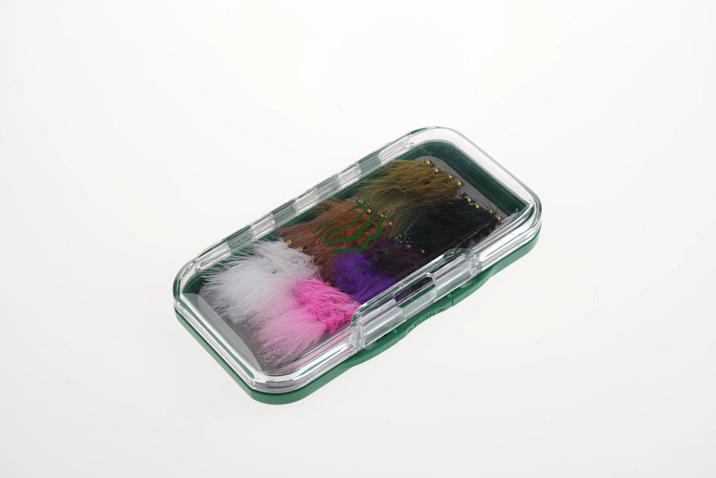 Angled view of the WIFREO Woolly Bugger fly box with transparent lid and green case