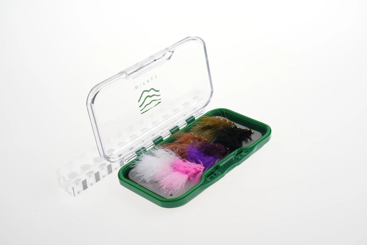 Open WIFREO Woolly Bugger streamer fly box viewed from an angle