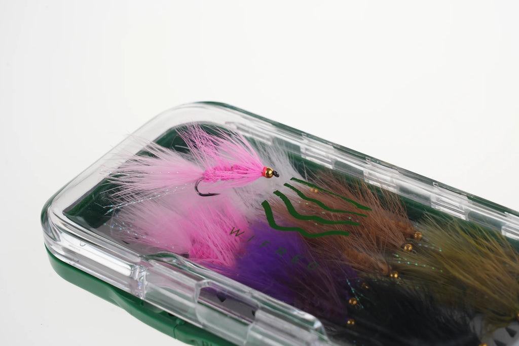 Close-up of the WIFREO fly box interior, clear lid and assorted Woolly Bugger streamers