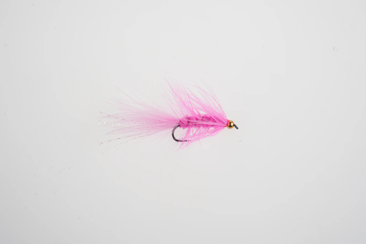 Pink bead-head Woolly Bugger streamer fly from the WIFREO assortment