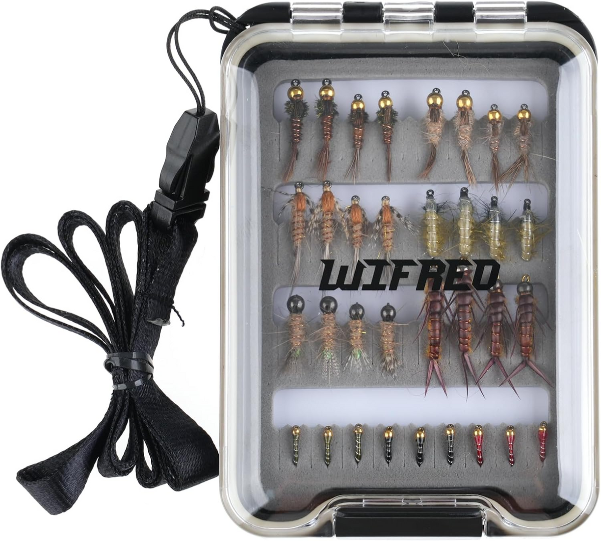Wifreo 33-fly nymph assortment in a clear-lid waterproof fly box with lanyard
