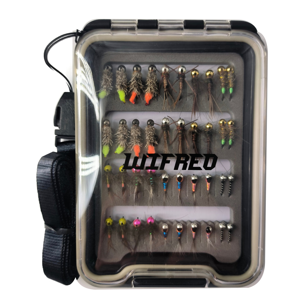 WIFREO clear-lid fly box containing 40 assorted nymph flies, with a black lanyard.
