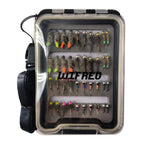 WIFREO clear-lid fly box containing 40 assorted nymph flies, with a black lanyard.