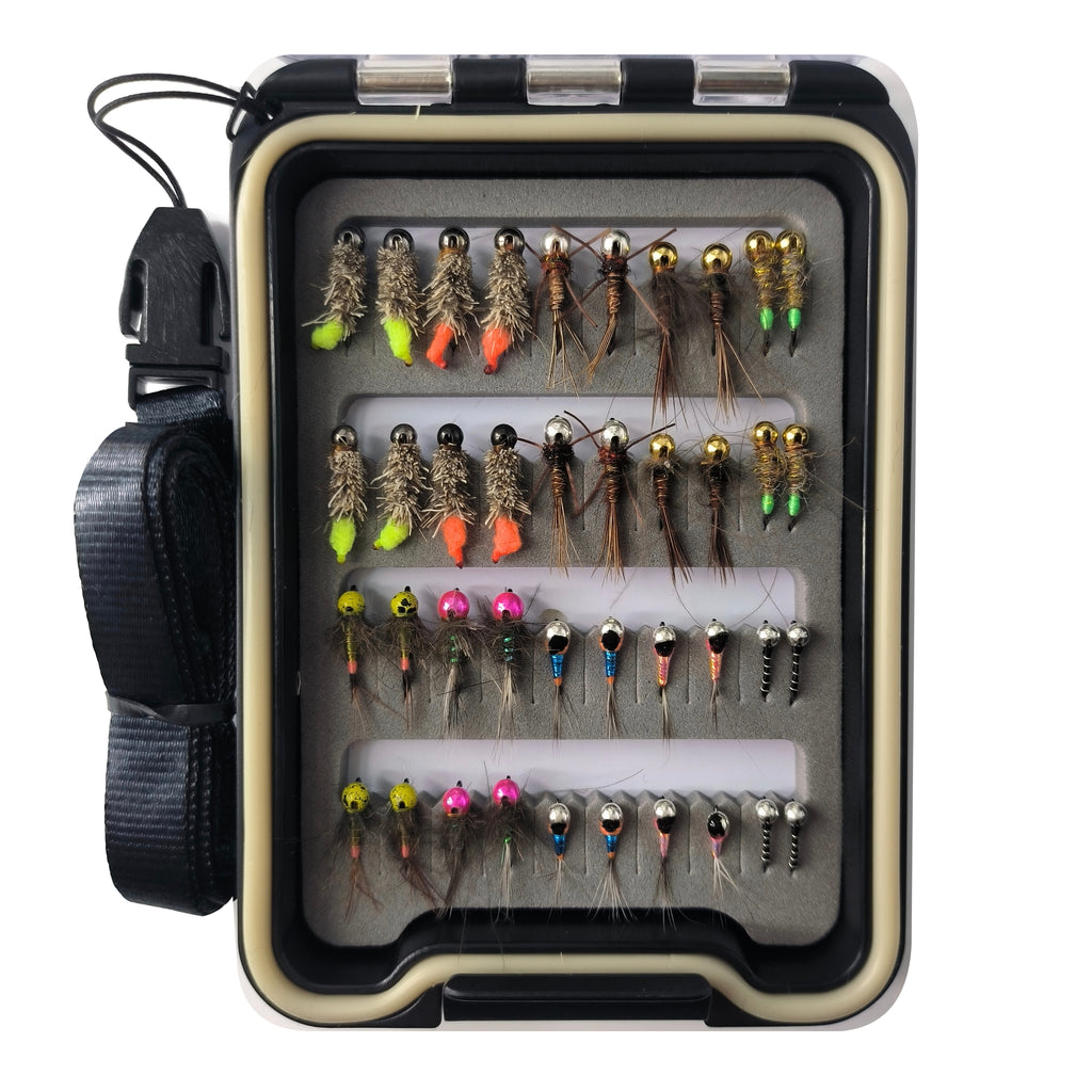 40 assorted nymph fishing flies arranged in a WIFREO fly box with the lid open.