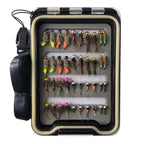 40 assorted nymph fishing flies arranged in a WIFREO fly box with the lid open.