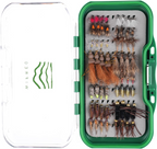 Wifreo dry fly and nymph assortment in an open green fly box with clear lid