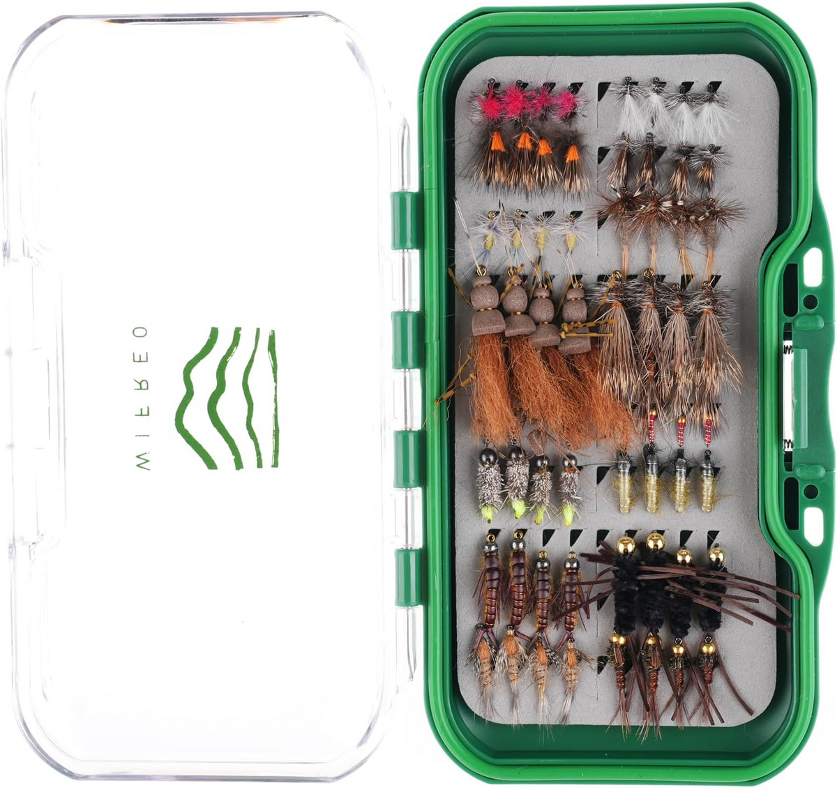 Wifreo dry fly and nymph assortment in an open green fly box with clear lid