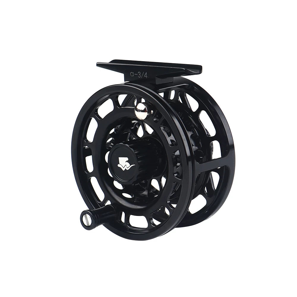 Black Wifreo Alpha fly reel, 3/4 wt model, on a white background