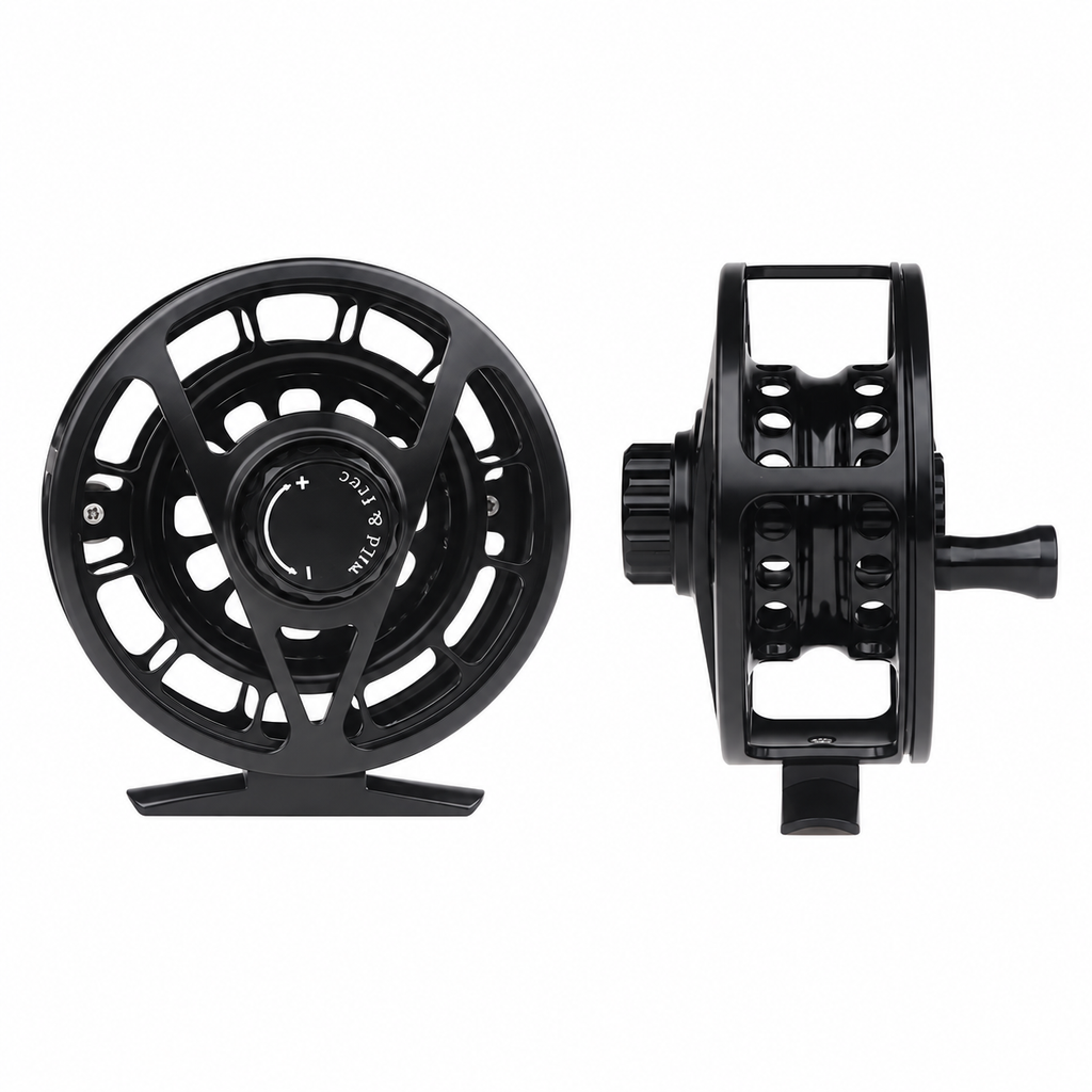 Black Wifreo Alpha fly reel, front and side views on a clean white background