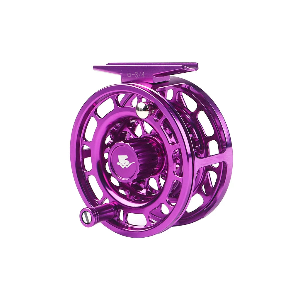 Purple Wifreo Alpha fly reel, 3/4 wt model, on a white background