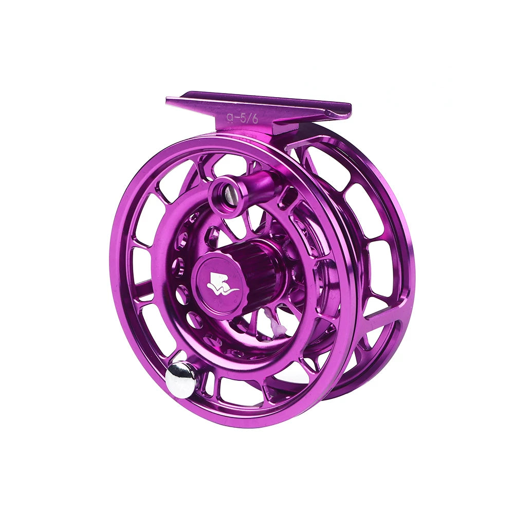 Purple Wifreo Alpha fly reel, 5/6 wt model, on a white background