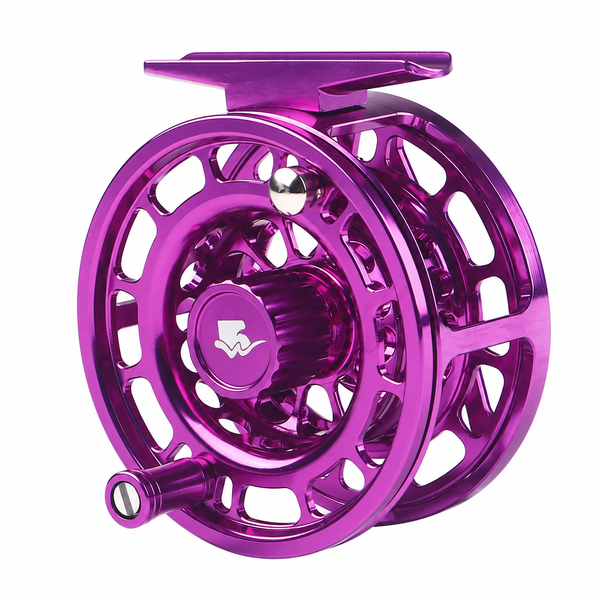 Purple Wifreo Alpha CNC fly reel on a clean white background