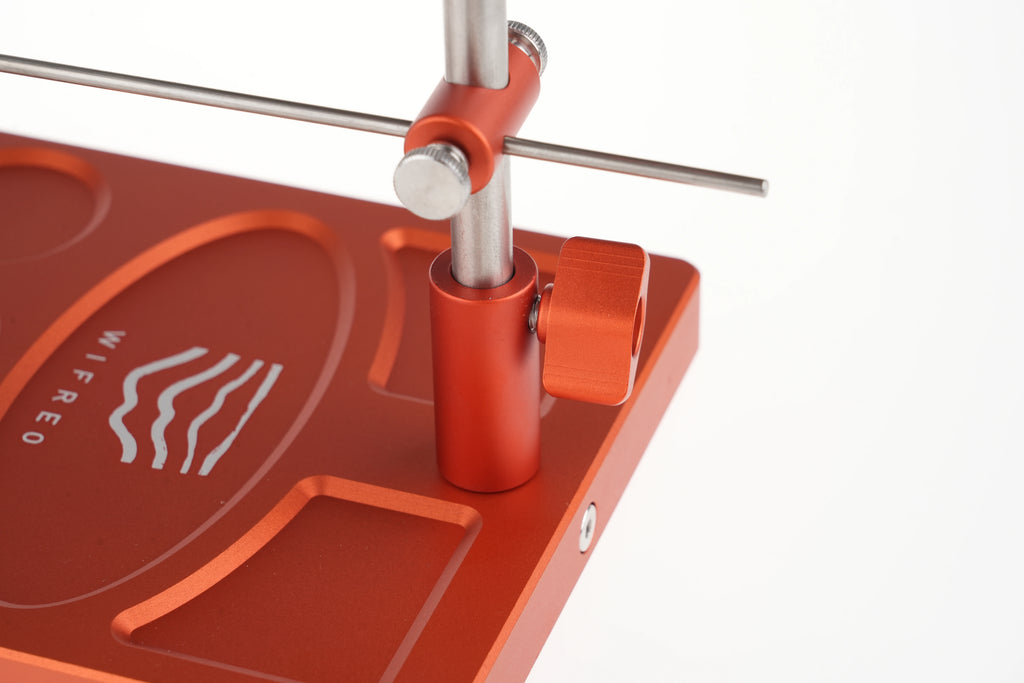 WIFREO Flow orange vise pedestal base and support arm detail