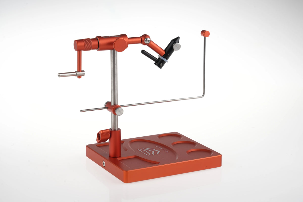 WIFREO Flow orange aluminum base rotary fly tying vise, complete product