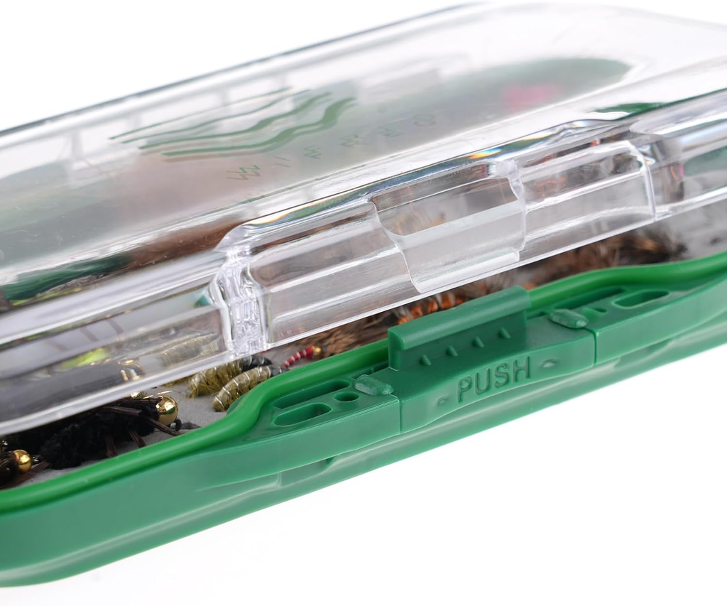 Detail of the green fly box with clear lid and push latch