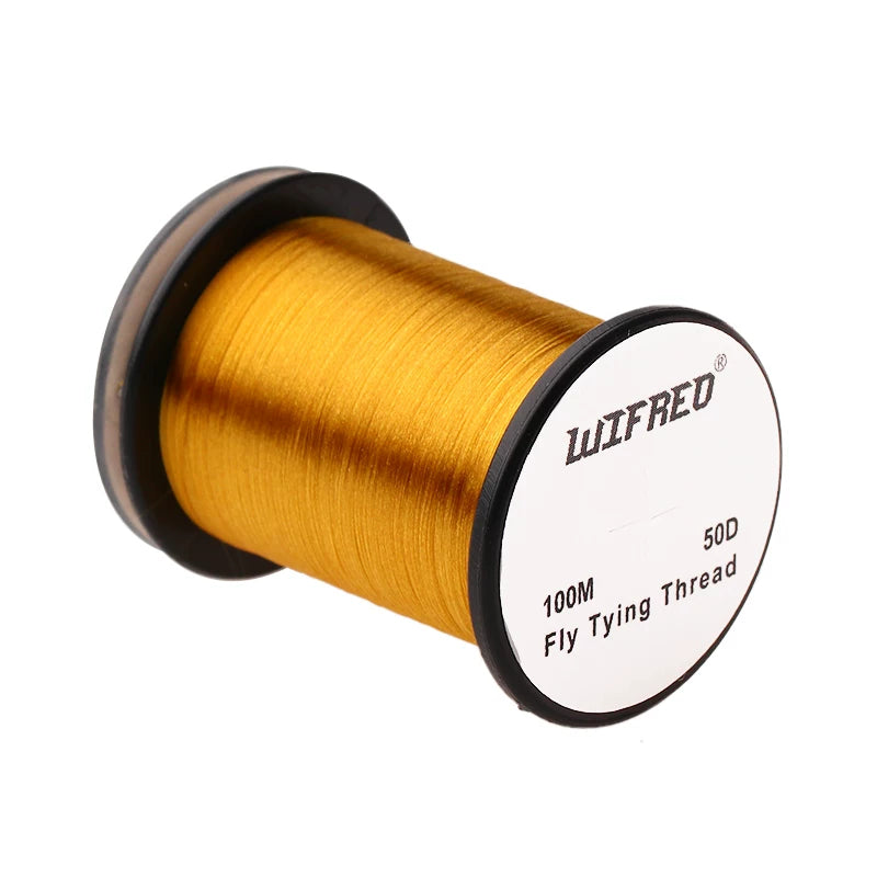 Wifreo 50D nylon fly tying thread in golden yellow, 100m single spool