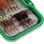 Close-up of bead-head nymphs, rubber-leg flies and Hare's Ear patterns in the foam insert