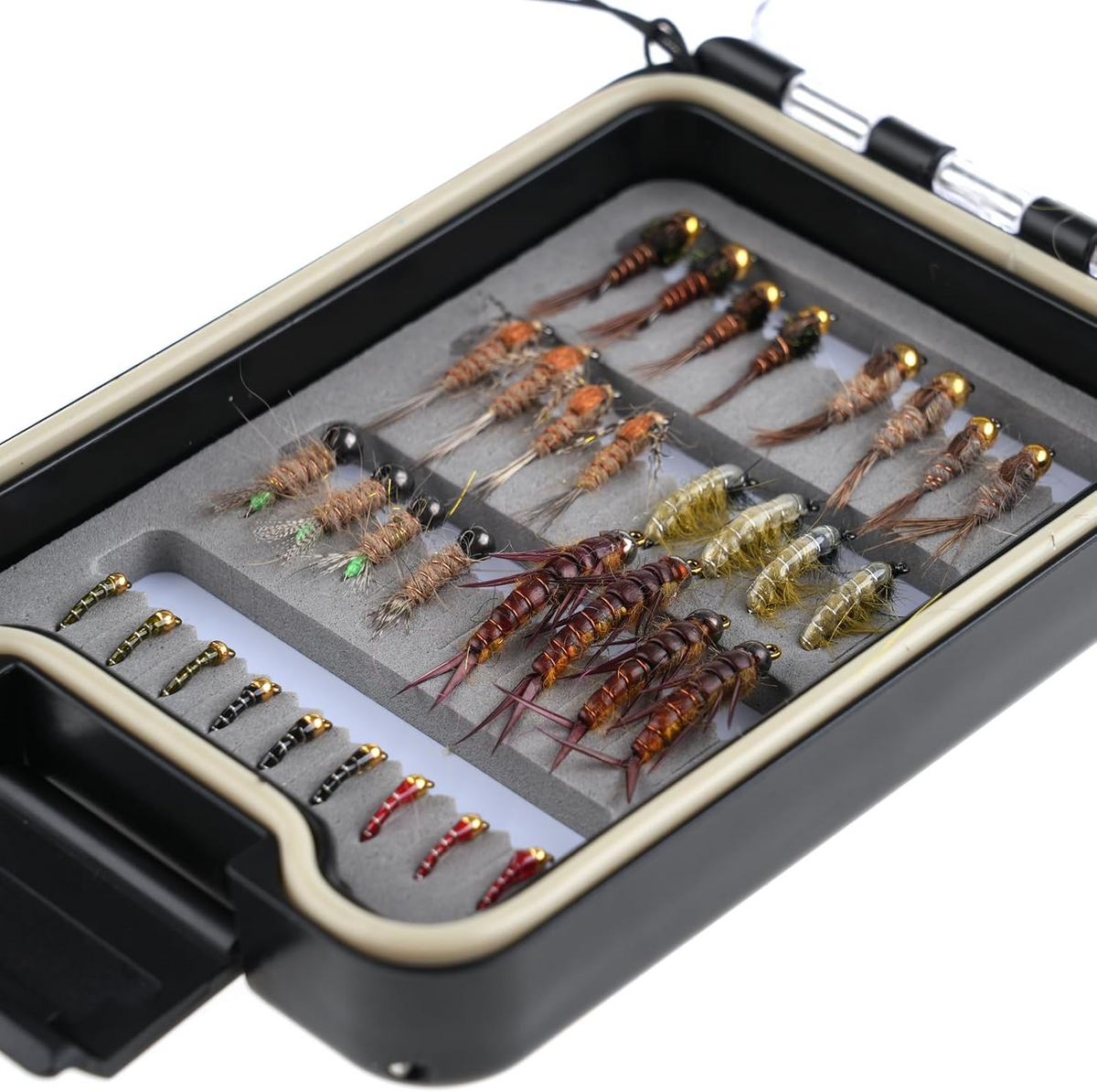Open fly box showing assorted nymphs, rubber-leg flies and small bead-head flies in slotted foam