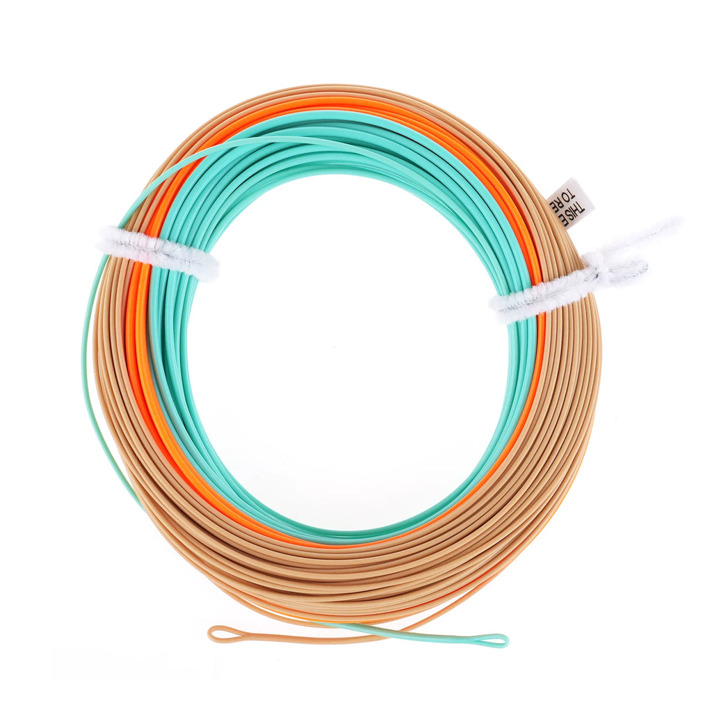 Coil of aqua, orange and sand floating fly line