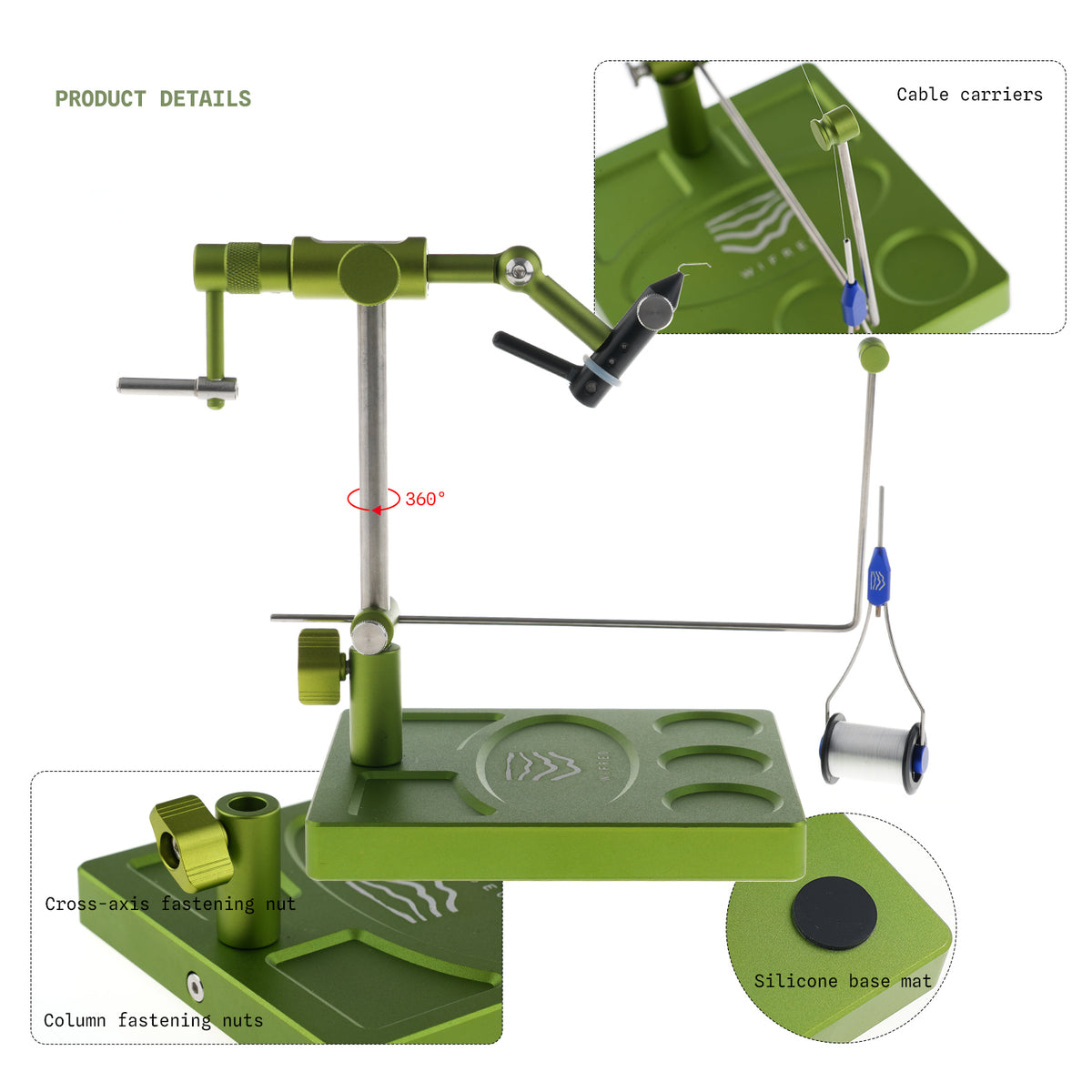 WIFREO Flow green pedestal base and bobbin cradle details