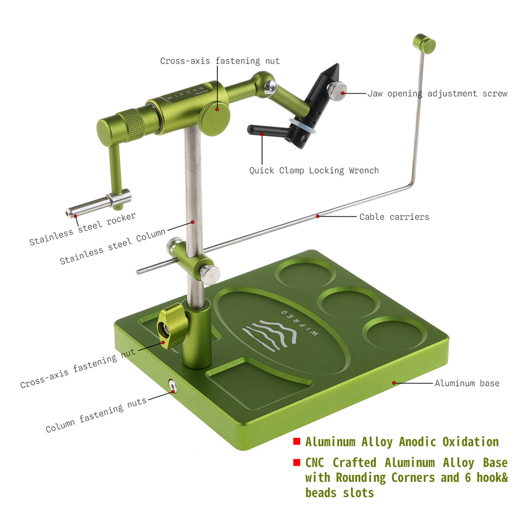 WIFREO Flow green aluminum rotary fly tying vise labeled components