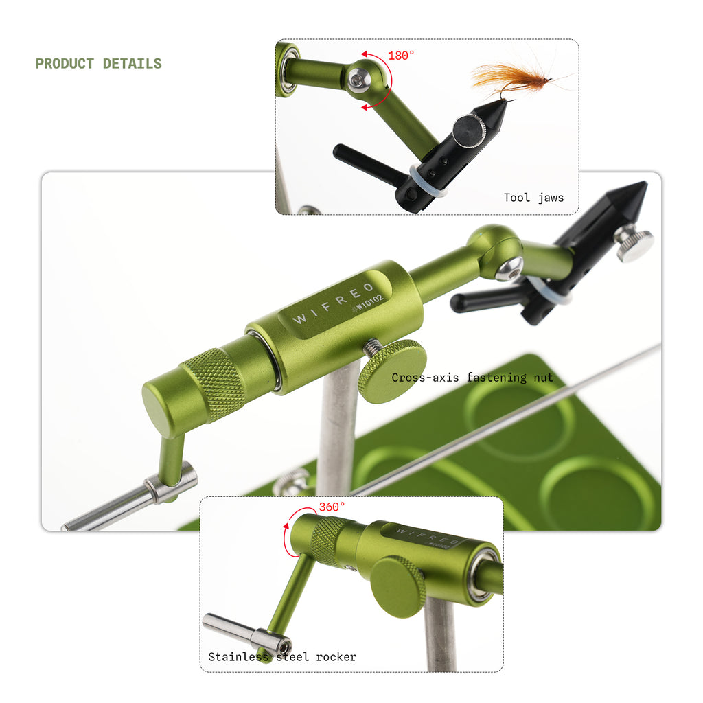 WIFREO Flow green fly tying vise rotary head and handle details