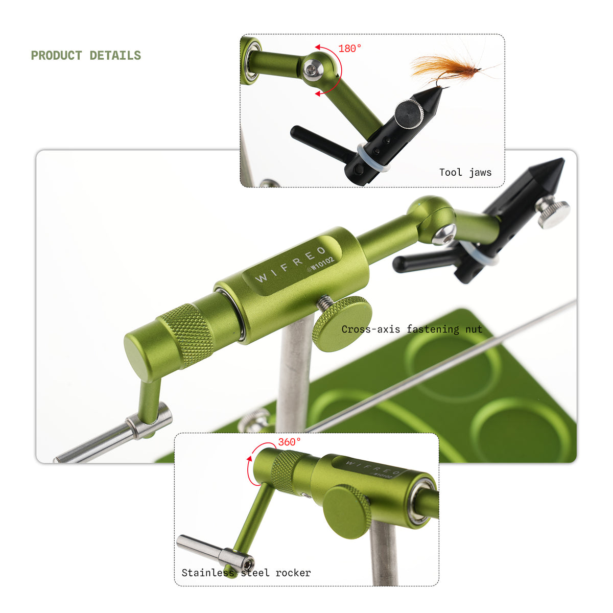WIFREO Flow green fly tying vise rotary head and handle details